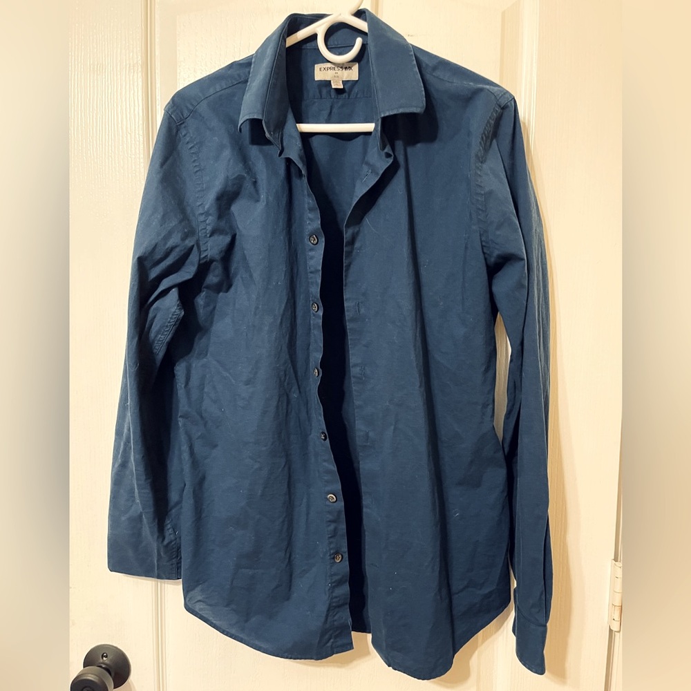 Express, buttoned, slim fit, size medium, long sleeved shirt. Blue